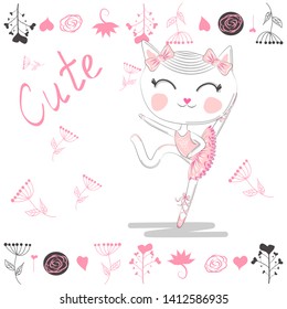 cute white cartoon cat in ballet tutu, kitty girl in a pink skirt, lettering Cute. sweet card