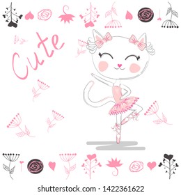 cute white cartoon cat in ballet tutu, kitty girl in a pink skirt, lettering Cute. sweet card