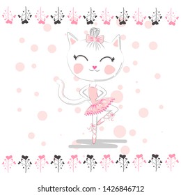 cute white cartoon cat in ballet tutu, kitty girl in a pink skirt,  