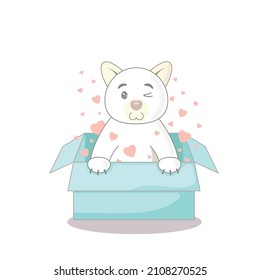 Cute white cartoon cat in a blue box, pink hearts, flat vector, isolate on white background