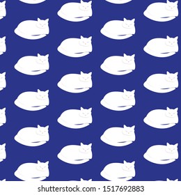 Cute white cartoon cat pattern. White on blue background. Flat design.