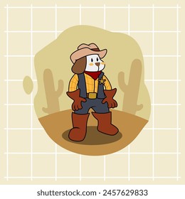 A cute white cartoon dog becomes a cowboy sheriff who stands guard in the middle of the desert waiting for enemies