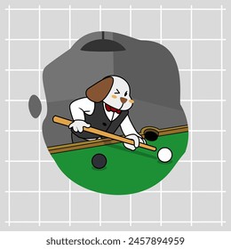 Cute white cartoon dog playing billiards very professionally aiming the ball right on target