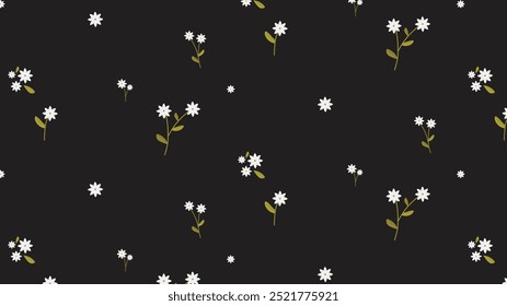 Linda flor de dibujos animados blancos con hojas, patrón transparente de rama en fondo negro para la impresión de la tela, impresión de papel, redes sociales, impresión del partido o cualquier uso