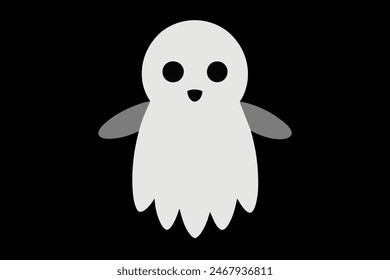 Cute white cartoon ghost with black eyes on black background. Halloween character. Spooky, friendly, animated, holiday concept. White silhouette isolated on black background.