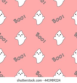 cute white cartoon ghost on pink background seamless vector pattern illustration