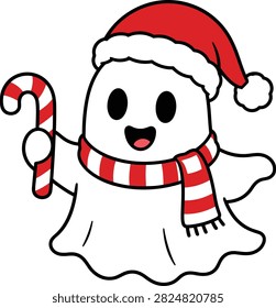 Un fantasma blanco lindo de la historieta que lleva un sombrero y una bufanda rojos del santa que sostienen un bastón de caramelo rayado