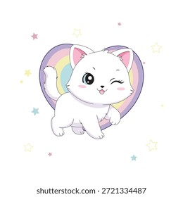 Gatinho branco bonito do desenho animado com o coração do arco-íris
