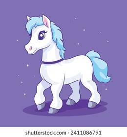 Cute white cartoon pony with blue mane on purple background. Charming little horse with sparkling stars, magical theme for kids vector illustration.