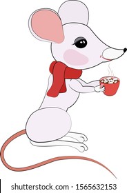 Cute white cartoon rat or mouse in red scarf with hot chocolate cup with marshmallows. Christmas greeting card design element.