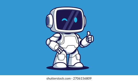 A cute, white cartoon robot character with a screen for a face. The friendly android is winking and giving a thumbs-up gesture while standing confidently.
