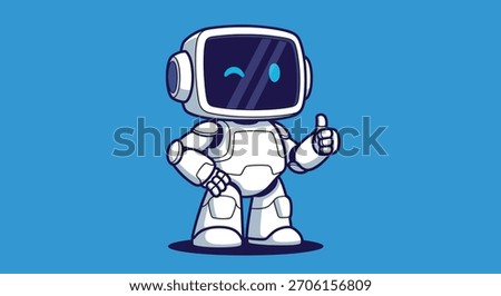 A cute, white cartoon robot character with a screen for a face. The friendly android is winking and giving a thumbs-up gesture while standing confidently.