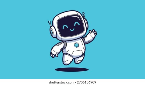 A cute, white cartoon robot with a smiling face on its screen is waving its hand, set against a solid blue background.