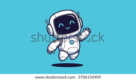 A cute, white cartoon robot with a smiling face on its screen is waving its hand, set against a solid blue background.