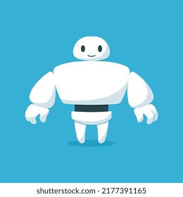 Cute white cartoon robot, standing pose flat style, vector illustration isolated on blue background. Smiling character, artificial intelligence, modern technologies