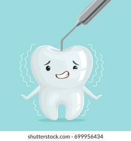 Cute white cartoon tooth character with dentist tool, childrens dentistry, dental care concept vector Illustration