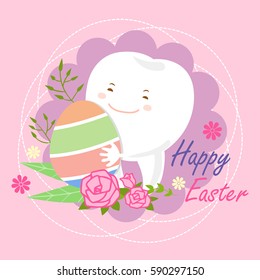 cute white cartoon tooth with happy easter