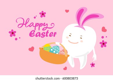 cute white cartoon tooth with happy easter