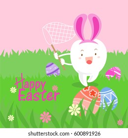 cute white cartoon tooth with happy easter