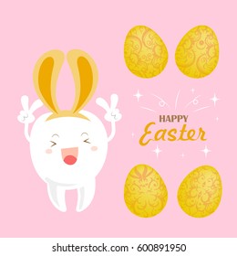 cute white cartoon tooth with happy easter