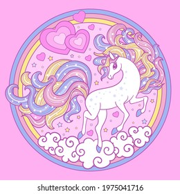 Cute, white, cartoon unicorn on a pink background. Circle composition. Fantasy animal. For the design of prints, posters, cards, stickers, etc. Vector