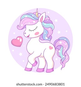 Lindo pony blanco de dibujos animados unicornio con una melena de arco iris. Tema de magia y hechicería. Para el diseño infantil de estampados, carteles, tarjetas, no adhesivos. rompecabezas, etc. Ilustración vectorial