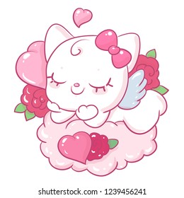 Cute white cat angel lies on pink clouds and dreams. Postcard for love and holidays.