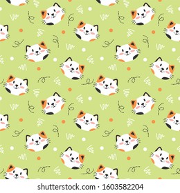 Cute white cat animal pattern with dot and line Vector on green background, good for fabric, print and other uses.