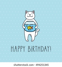 Cute white cat with a aquarium on the blue polka dot background. Doodle vector illustration for birthday poster or card.