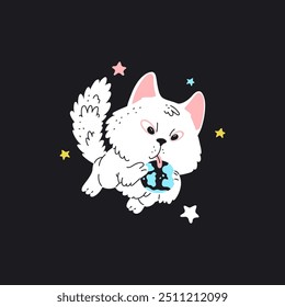 Cute white cat astronaut licks a ball of earth. Cartoon kitten cosmonaut flying in space sky with stars. Funny pet fantasy adventure vector flat illustration. Cosmic feline animal character on black