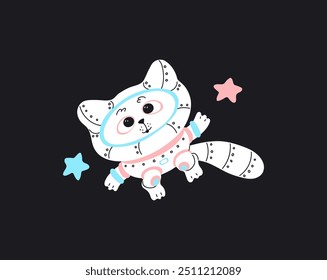 Bonito astronauta gato branco em traje espacial no espaço. O cosmonauta dos desenhos animados voando no céu noturno com estrelas. Engraçado pet fantasia aventura vetor ilustração plana em preto. Caráter de animal felino cósmico