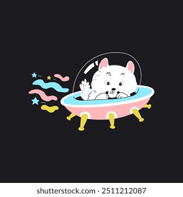 Cute white cat astronaut in UFO spaceship in space. Cartoon kitten cosmonaut in space shuttle flying in night sky. Funny feline pet fantasy cosmic adventure vector flat illustration