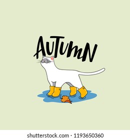Cute White Cat with Autumn Accessories. Vector Cartoon Character with Handwritten Lettering. 