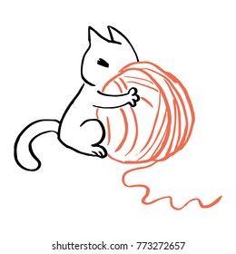 Cute White Cat with a Ball of Red Yarn Vector Comic Illustration