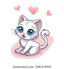 Cute white cat with beautiful blue eyes on white background. International Cat Day. Vector illustration in flat cartoon style