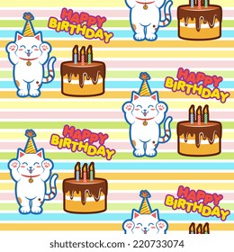 Cute white cat with birthday cake seamless pattern. EPS10 (Pattern tile located in the Swatch panel)