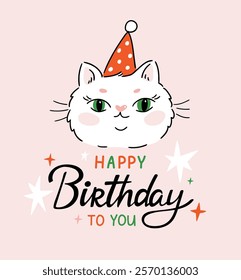 Cute white cat and birthday lettering. Vector illustration for Happy Birthday day. Preppy cat greeting card design in hand-drawn style.