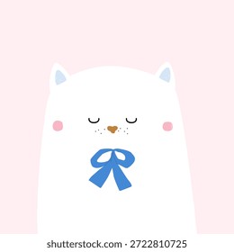 Gato blanco lindo con el lazo azul. Estampado infantil. Vector dibujado a mano ilustración.