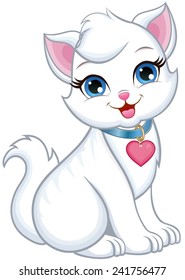 Cute white cat with blue eyes, sitting, wearing a heart necklace.