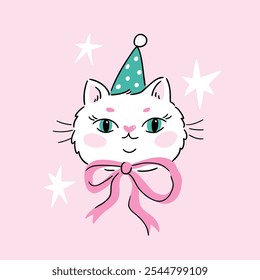 Gato blanco lindo con el arco y el sombrero del cumpleaños. Ilustración vectorial para el día de cumpleaños. Diseño de tarjeta de felicitación de gato preppy en estilo dibujado a mano. 