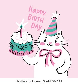 Cute white cat with bow and birthday cake. Vector illustration for Birthday day. Preppy cat greeting card design in hand-drawn style with lettering - Happy birthday.