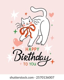 Cute white cat with bow and birthday lettering. Vector illustration for Happy Birthday day. Preppy cat greeting card design in hand-drawn style.