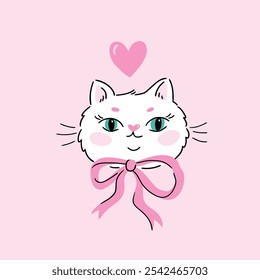 Cute white cat with bow and  heart. Vector illustration for Valentines day, wedding invitation or greeting birthday card. Preppy white cat valentines card design in hand-drawn style. 