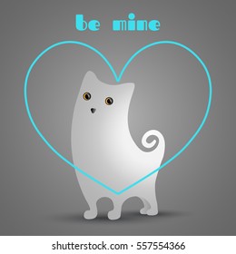 Cute white cat in bright, blue, linear heart.