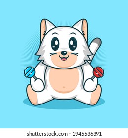 Cute white cat with candy, cartoon character illustration.