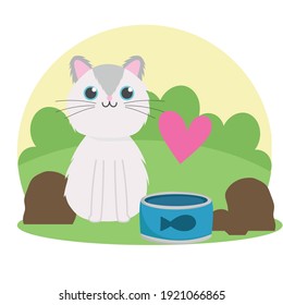 cute white cat with canned fish food in the grass vector illustration