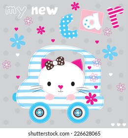 cute white cat with car vector illustration