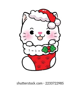 Cute White Cat Cartoon in Christmas Theme, Kitten inside Christmas socks, isolated on white.