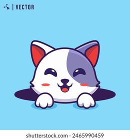 Cute white cat character coming up from hole in blue isolated background. vector illustration