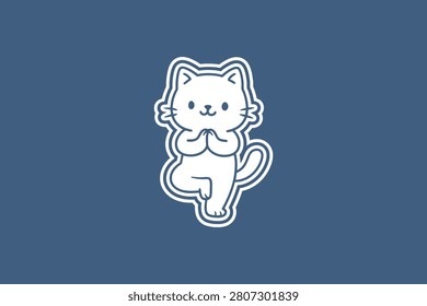 Cute white cat character performing a peaceful yoga tree pose illustration set against a solid deep blue background color tone